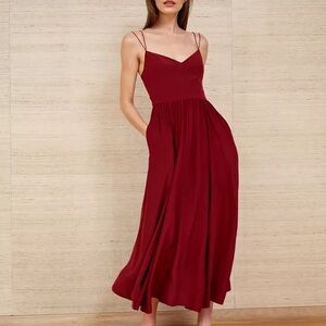 La Ligne Tracy Dress in Deep Red Burgundy Silk + Linen - Size Small